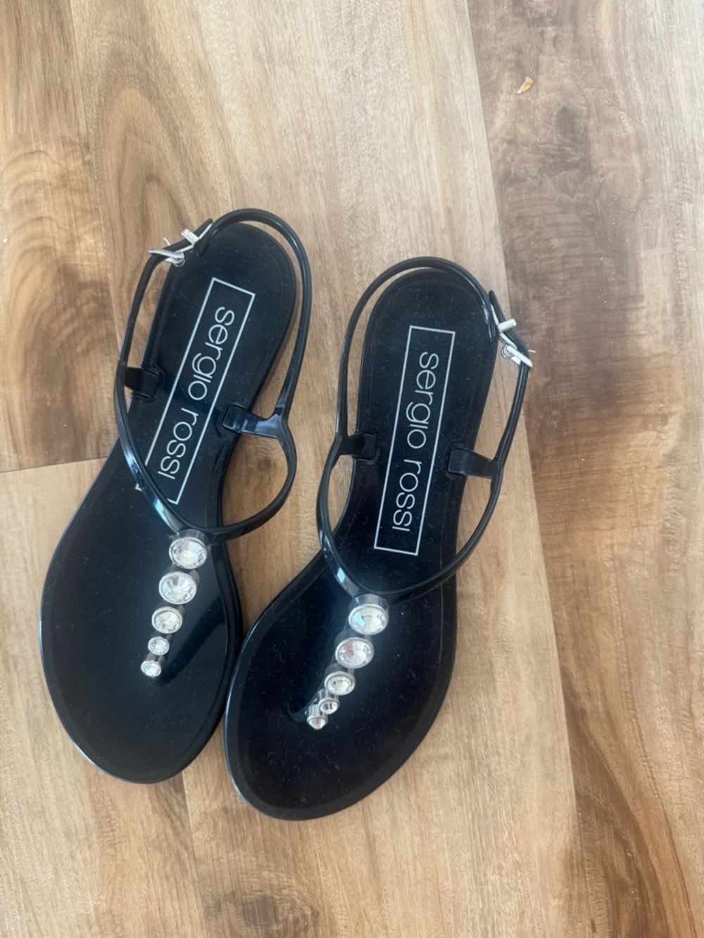 Sergio Rossi Black T-Strap Sandals with Crystal Accents